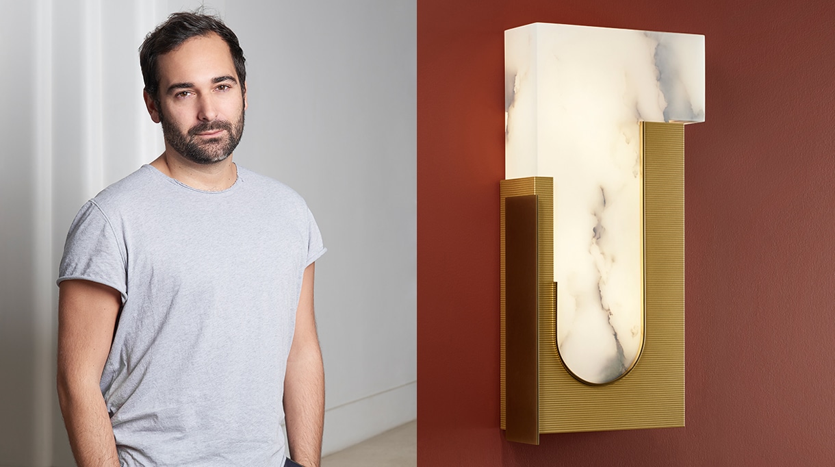 Rodolphe Parente - Architecte d'intérieur et designer - Pouenat - Ferronnier d'art - applique "Dude" en laiton et albâtre - Mur rouge - Signatures Singulières - Magazine digital des talents Français