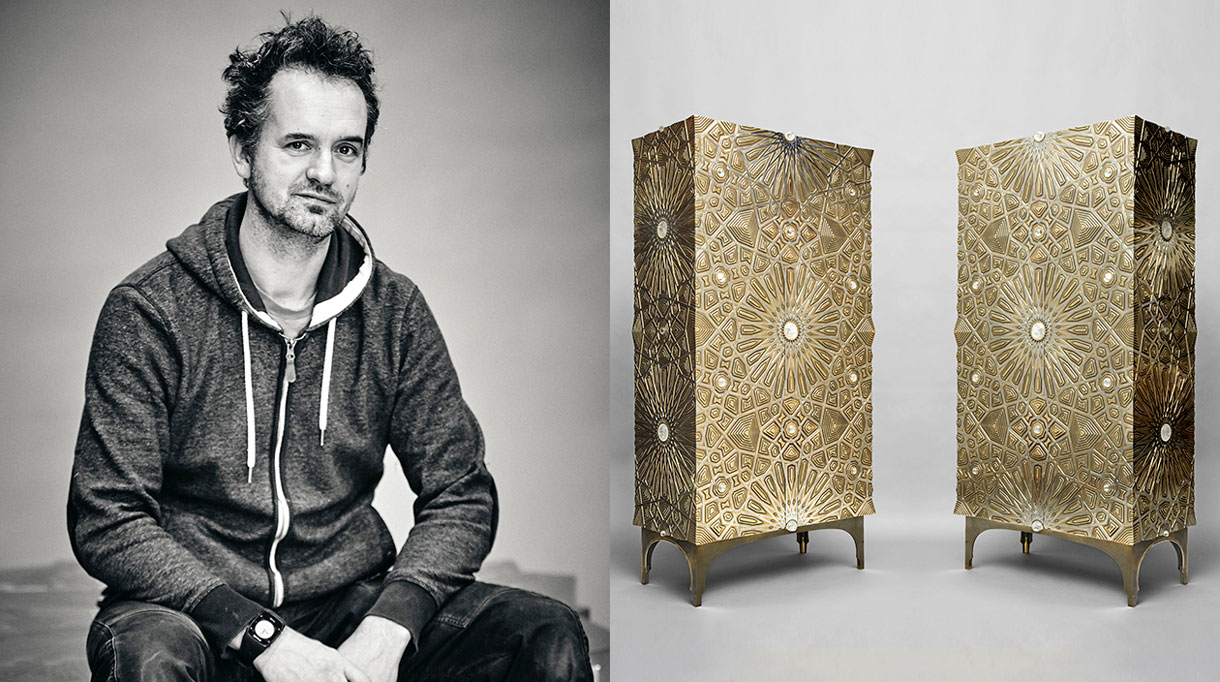 erwan boulloud - designer - sculpteur de mobilier - savoir faire francais - cabinet oriental en laiton massif, inox et cabochons de cristal de roche- signatures Singulières Magazine - magazine digital des talents français
