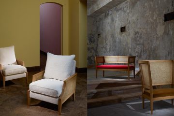 Pierre Frey dévoile sa nouvelle collection de mobilier. Fauteuil Colombie dessine par Rene Prou.