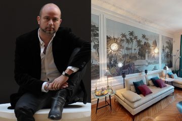 Signatures Singulières - Nicolas Trousselle - Architecte d'intérieur - Décorateur - Secrets d'Intérieurs - Parisien style - Appartement contemporain - appartement haussmannien - Rideau turquoise - canapé en cuir beige - Papier peint panoramique Ananbo - Table basse Roche Bobois