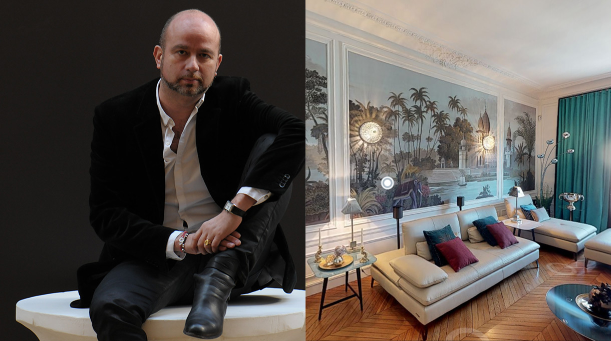 Signatures Singulières - Nicolas Trousselle - Architecte d'intérieur - Décorateur - Secrets d'Intérieurs - Parisien style - Appartement contemporain - appartement haussmannien - Rideau turquoise - canapé en cuir beige - Papier peint panoramique Ananbo - Table basse Roche Bobois