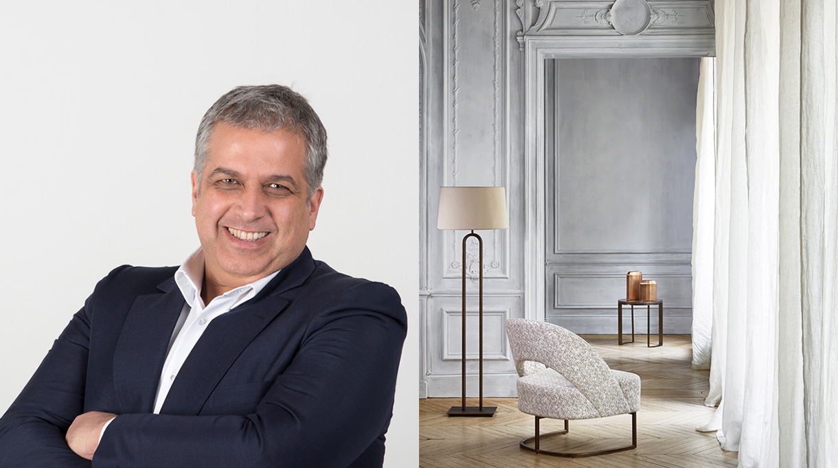 Hugues Chevalier - Frédéric Taieb - Mobilier art déco - Fauteuil en tissu art deco - piétement en métal - Lampadaire finition bronze - Mobilier contemporain - savoir faire Français - Signatures Singulières Magazine