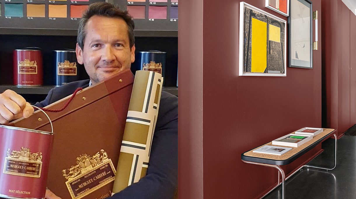 Philippe Courtois - directeur de meriguet carrere paris - showroom meriguet carrère paris - peinture murale - peinture décorative - papier peint inspiration art déco - peinture rouge foncé mate - banc canné - The Socialite Family - meriguet carrere collaborea avec The Socialite Family - signatures Singulières Magazine - magazine digital des talents français
