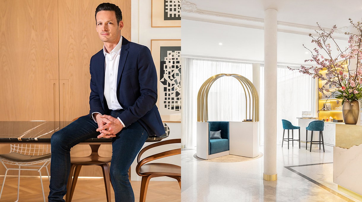 fabien roque architecte d'intérieur - agence roque intérieurs - Maison Albar Hotels Le Vendome - hotel à paris - lobby Maison Albar Hotels Le Vendome - fauteuil en velours bleu - Signatures Singulières Magazine - le magazine digital des talents français