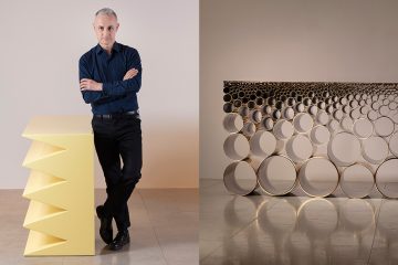 Hervé Van Der Straeten - designer francais - art décoratifs - console en bois laque jaune - console en tubes inox poli or rose - collection Fun Ride - signatures singulières magazine - magazine digital des talents français