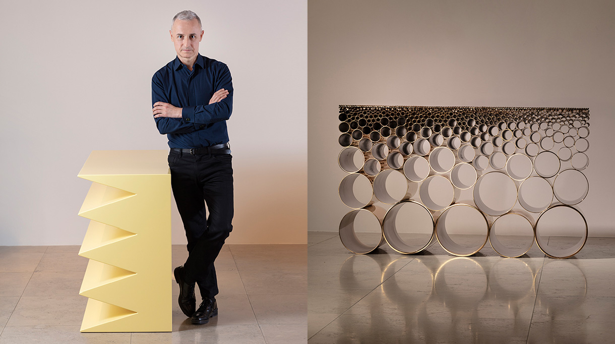 Hervé Van Der Straeten - designer francais - art décoratifs - console en bois laque jaune - console en tubes inox poli or rose - collection Fun Ride - signatures singulières magazine - magazine digital des talents français